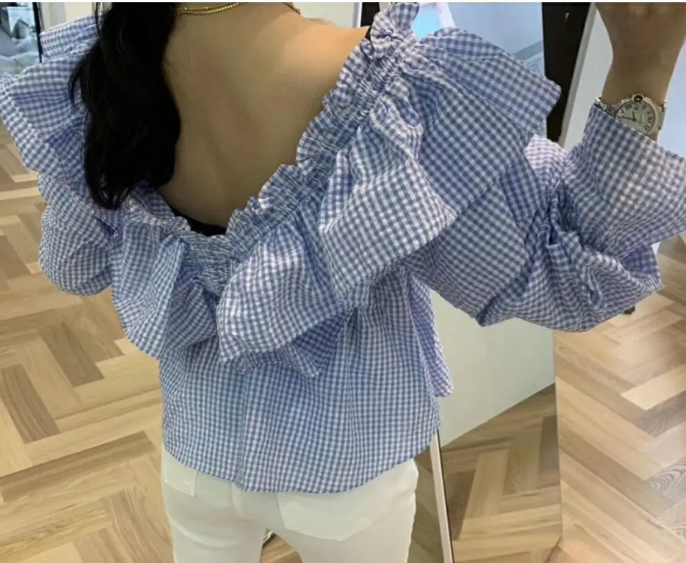 WHITNEY WANG Blouses 2020 Spring Fashion Streetwear Sweet Ruffles Plaid Blouse Women Blusas Lady Shirt Top | Женская одежда