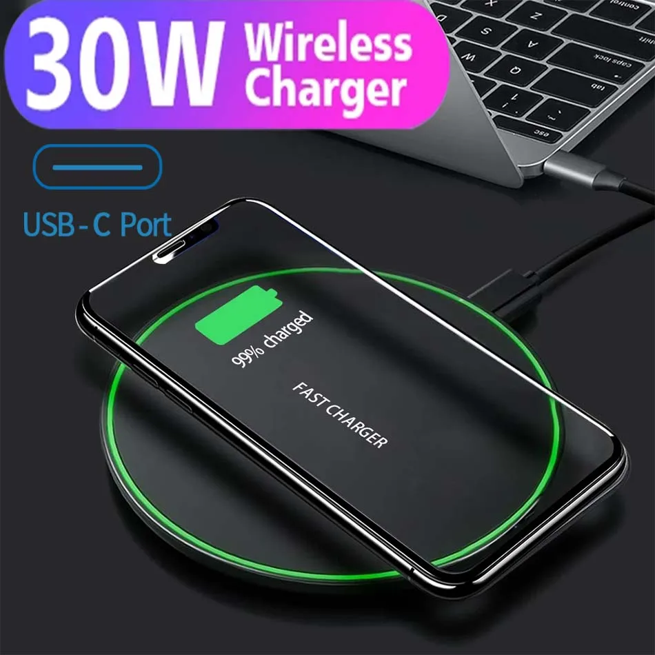 

2022 Cargador inalámbrico Qi de 30W, almohadilla de carga rápida por inducción para iPhone 13, 12, 11 Pro, Xs Max, Mini, X, Xr,