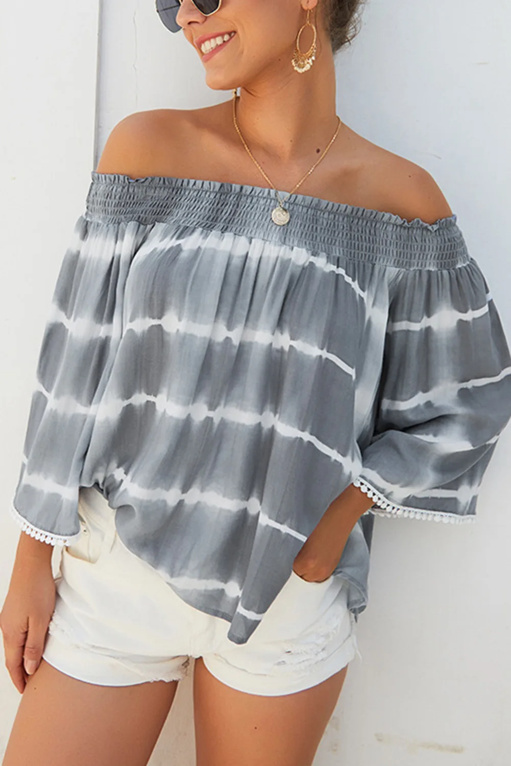 

Striped Tie-Dyed Printed Summer Women Blouse Shirt Slash Neck Off Shoulder Tassel Long Sleeve Casual Plus Size Female Tops