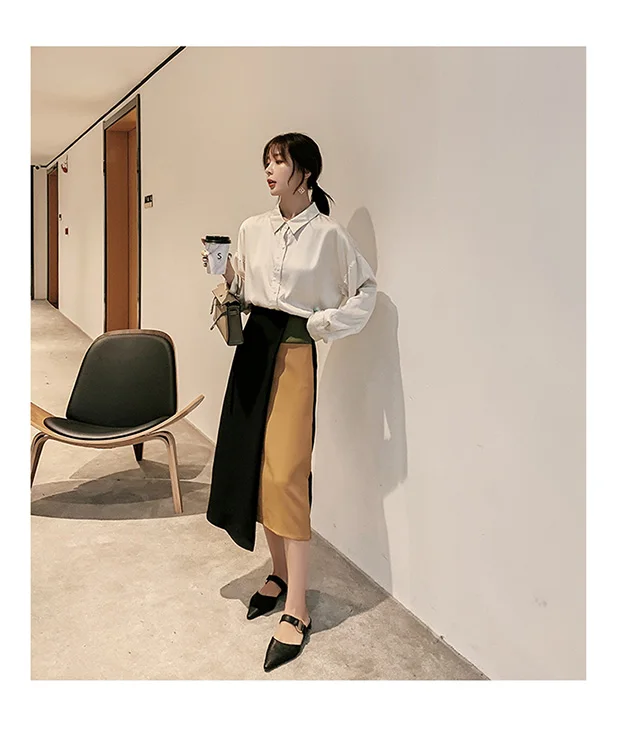 Patchwork Color Women 2019 Autumn Winter Fashion High Waist Irregualr Slim Skirts Female Casual Street A-Line |