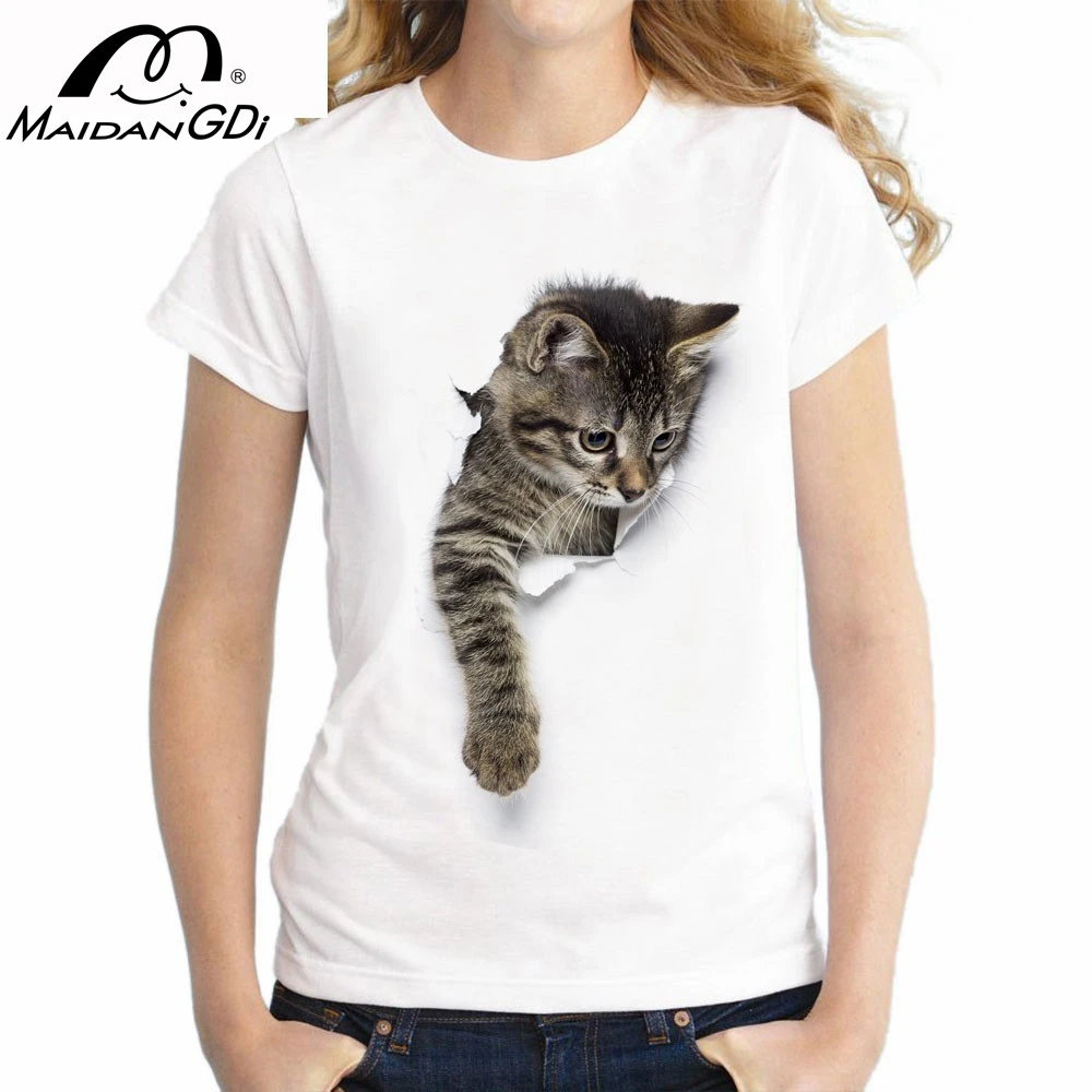 

MAIDANGDI Woman New Summer T-shirt 3D Cartoon Kitten Short Sleeve Women Loose Fat Base Shirt Top Casual Plus Size