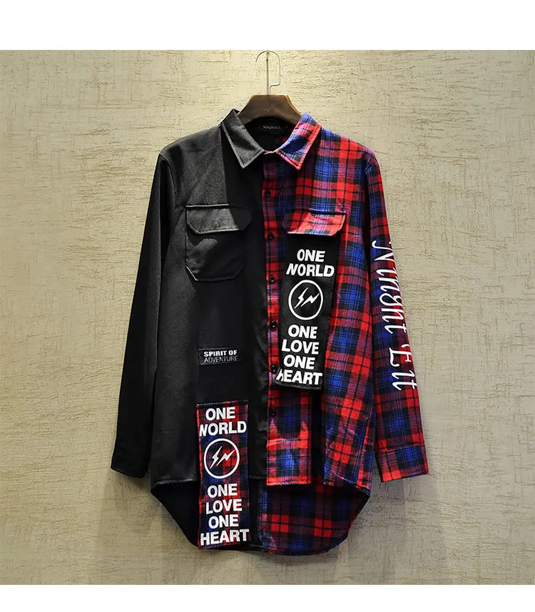 New Western Diablo Style Fashion Individuality Printed Plaid Patchwork Men's Long-Sleeved Shirts Hip Hop Autumn Streetwear Color