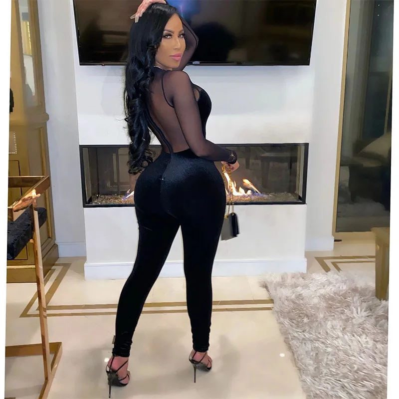 

Mesh Velvet Patchwork Jumpsuit Women Sexy See Through Leggings Bodycon Night Clubwear Party Jumpsuit Overalls Rompers