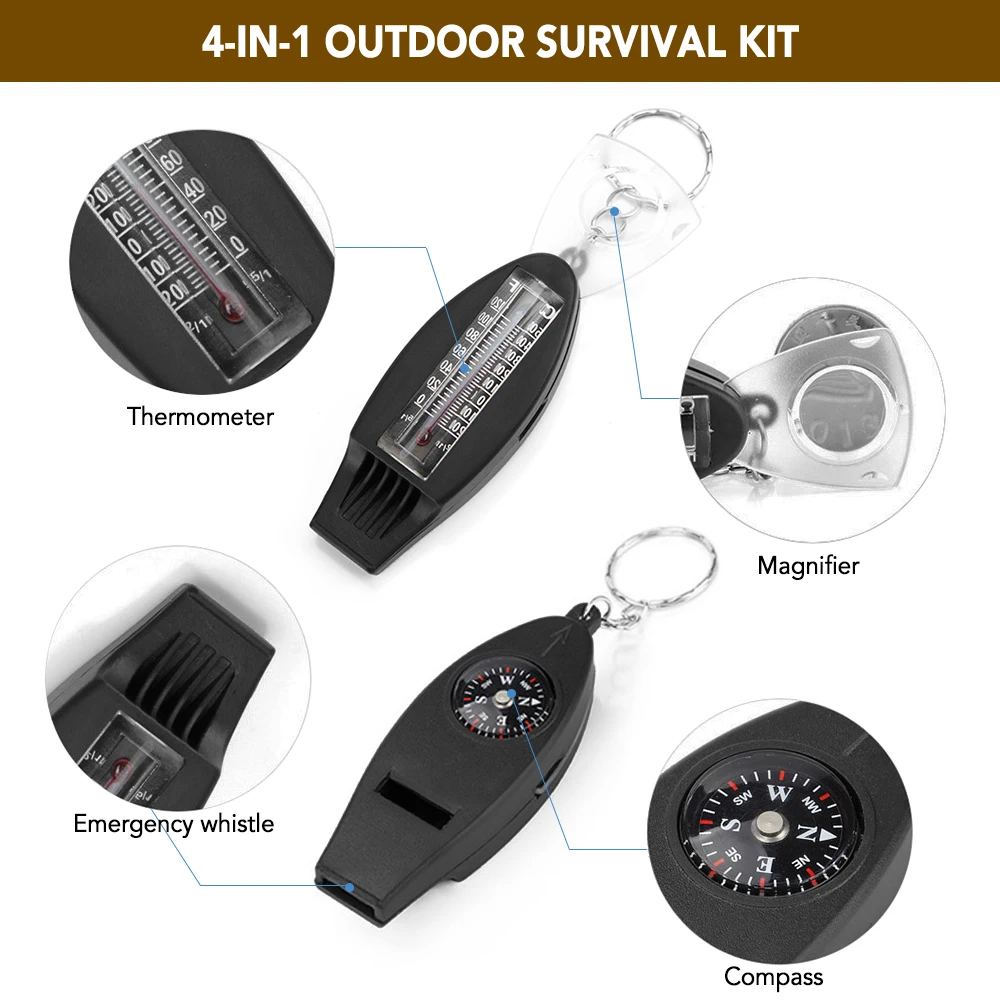 

4 in 1 Multi Tool Safety Whistle Keyring Keychain Compass Thermometer Magnifier Camping Survival Kits Equipment
