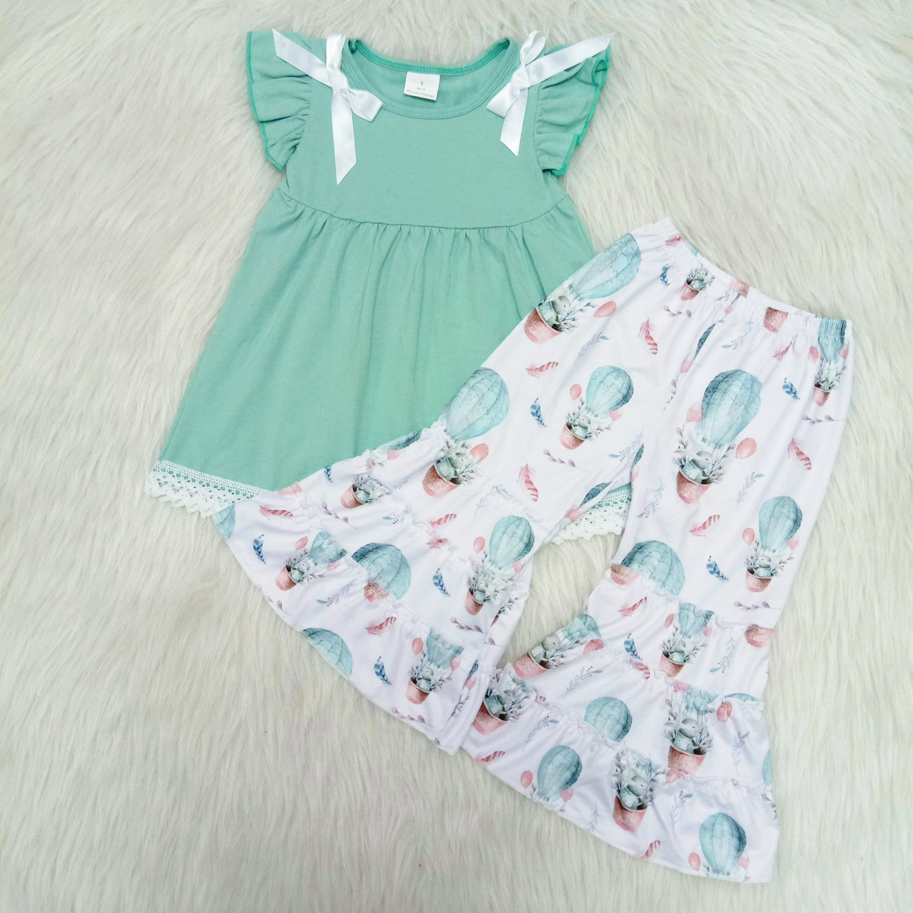 

2020 spring hot sale baby girl 2pcs shirt+pants set with bowknot and lace decoration