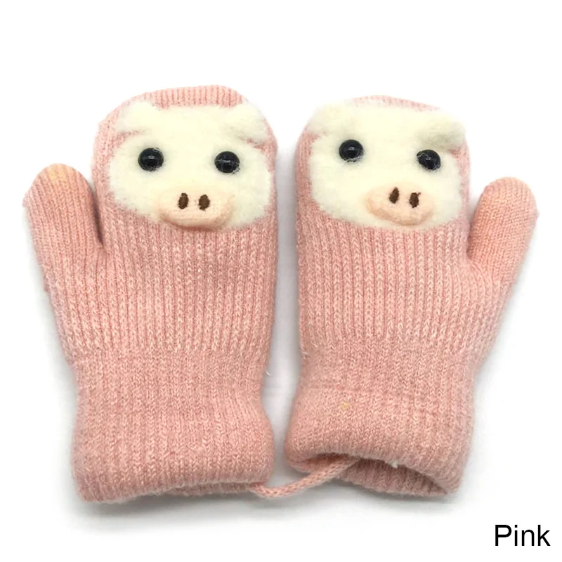 pink YEABIU/зимние уличные детские вязаные утолщенные перчатки для мальчиков и девочек Теплые детские перчатки с веревкой, детские перчатки с рисунком свинки, детские перчатки - Цвет: pink