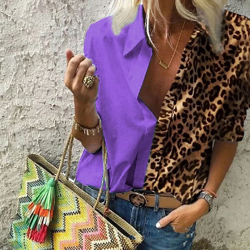 

Women Elegant Patchwork Blouse Shirts Leopard Print V Neck Sexy Contrast Long Sleeve Pullovers Tops Sequin Hollow Out Blouses