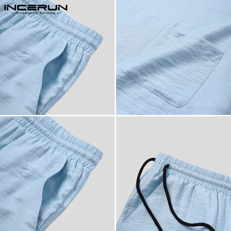 

INCERUN Summer Suits Leisure Short Sleeve V Neck Blous Drawstring Shorts Vintage Sets Mens Loose Solid Color Pockets Sets S-5XL
