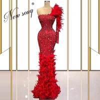 new one shoulder feathers beading evening dresses robes dubai prom dress with mermaid crystal party night 2021 vestido de festa