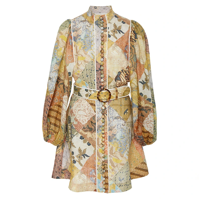 

Olomm Print Dress For Women Stand Collar Lantern Long Sleeve High Waist Sashes Vintage Dresses Female 2019 Autumn Fashion