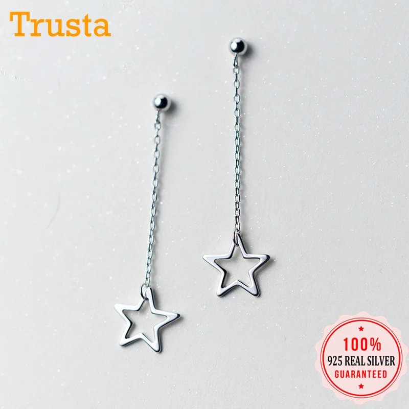 Trusta 925 однотонные Настоящее серебро серьги серебристого цвета; бижутерия перфорацией в виде звезд на цепочке, серьги-гвоздики, подарок на Рождество для девочек-подростков, Для женщин DA34