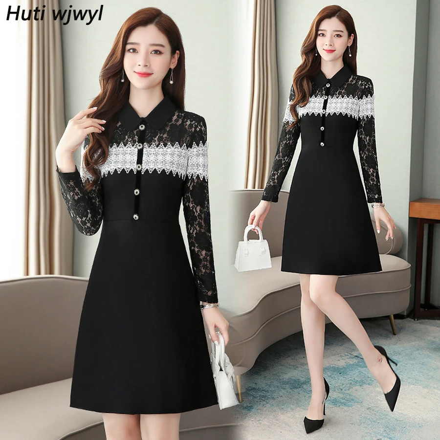 2021 Винтаж черный белый цвет кружева сексуальное мини платье для осени и зимы 4XL