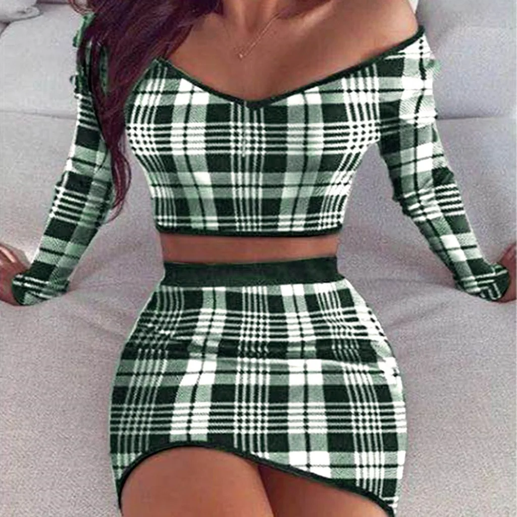 JAYCOSIN Women Plaid Printed Sexy Two Piece Set One Shoulder Long Sleeve Crop Top Skirt Matching Sets Club Outfits Spring 2020 |