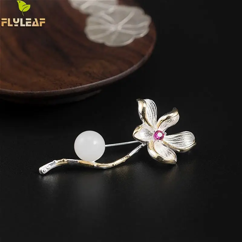 

100% 925 Sterling Silver Gardenia White Jade Zircon Brooches For Women Chinese Style Brooch Vintage Jewelry Flyleaf