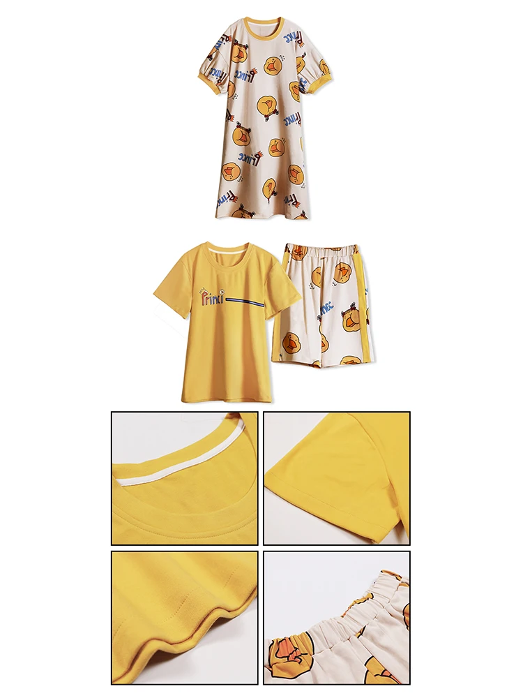 

Yellow Duck Lovers Sleepwear Sets Round Neck Cotton Nightdress Summer Short Sleeve Shorts Pijamas men Cartoon Couple Pijama
