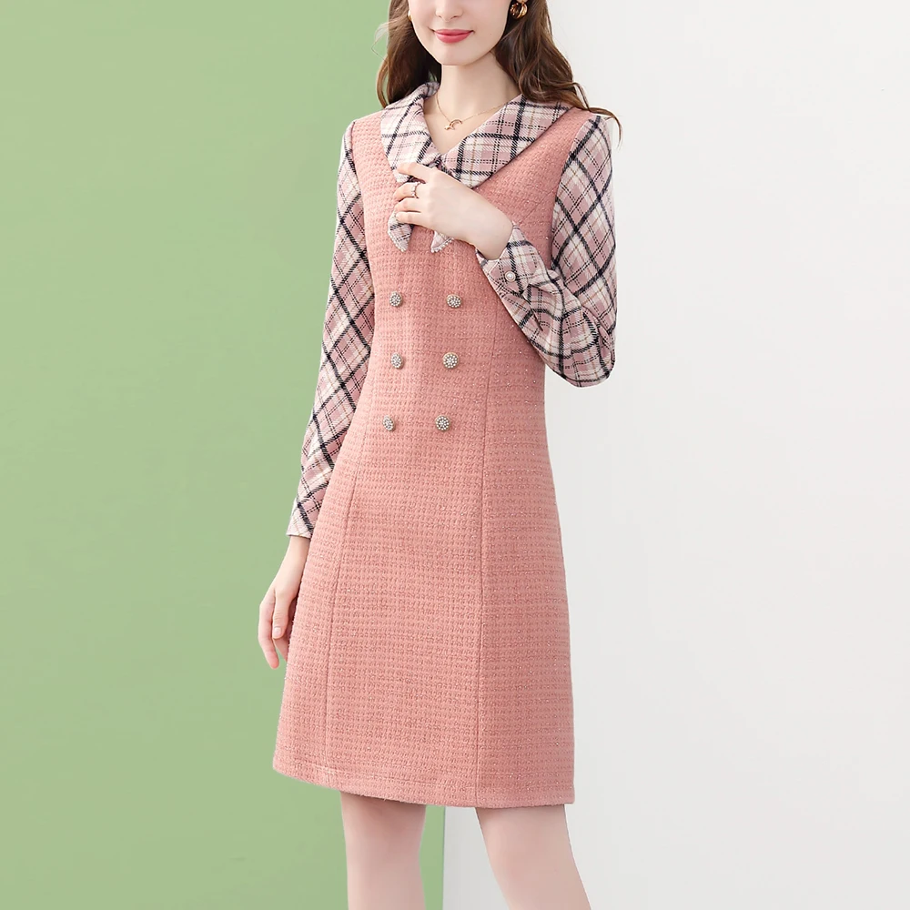 

Only Plus Pink Patchwork Winter Dresses Tweed Plaid Button Front Peter Pan Collar Inside A-Line dress Sweet Midi Party Vestidos