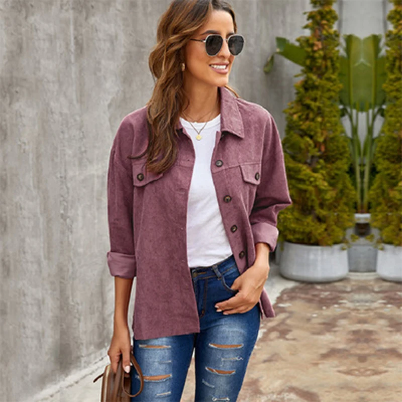 

New autumn and winter solid color breasted casual corduroy cardigan shirt women.