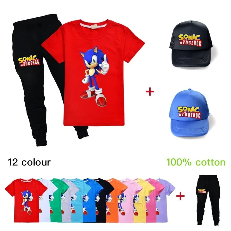 

2021 Summer new Cartoon fashion trend casual three-piece cotton short-sleeved T-shirt shorts + baseball cap boys and girls suit