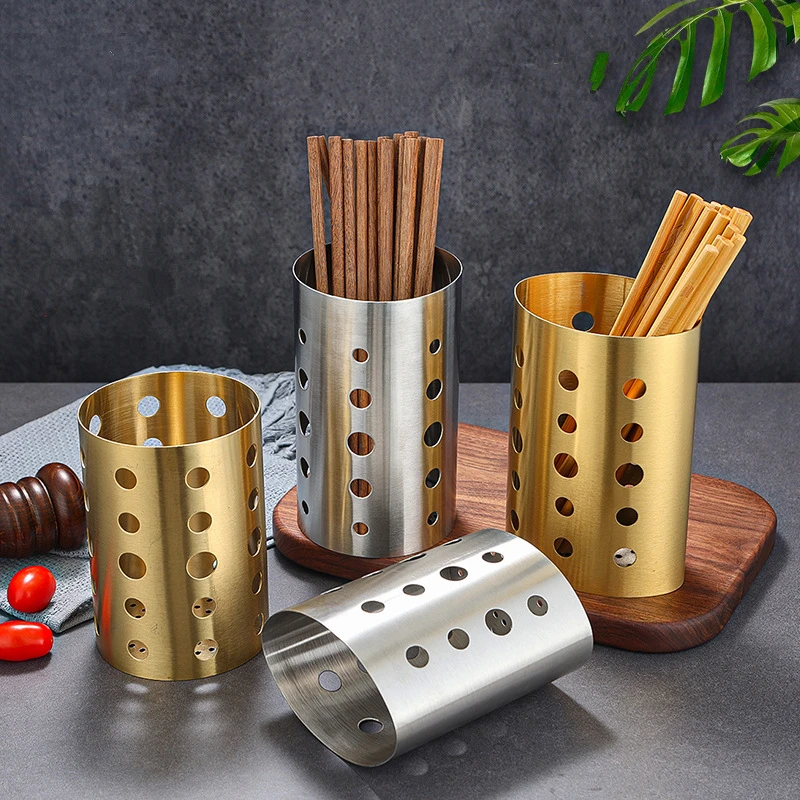 

Stainless Steel Round Cylindrical Shape Chopstick Storage Holder Spoon Fork Drainer Rack Organizer Shelf Kitchen Accessories