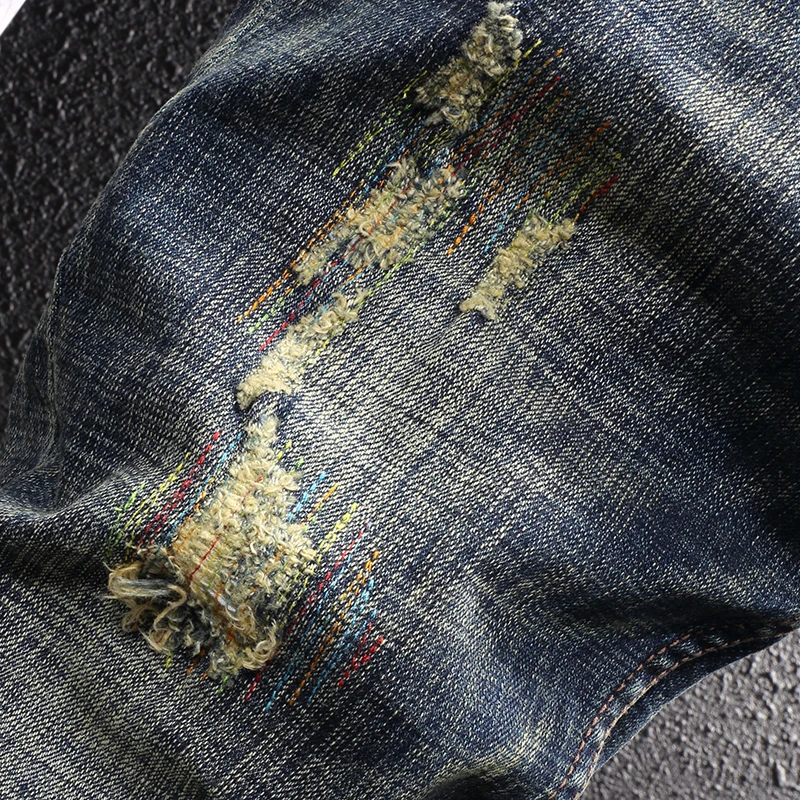 European Vintage Fashion Men Jeans High Quality Retro Blue Elastic Slim Ripped Jeans Men Embroidery Designer Casual Denim Pants