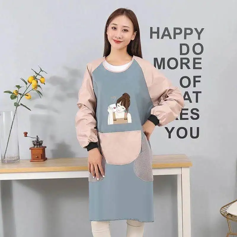 

High Quality Printing Sleeved Apron Girl Woman Adult Bibs Home Cooking Baking Coffee Shop Cleaning Aprons Kitchen Accessories