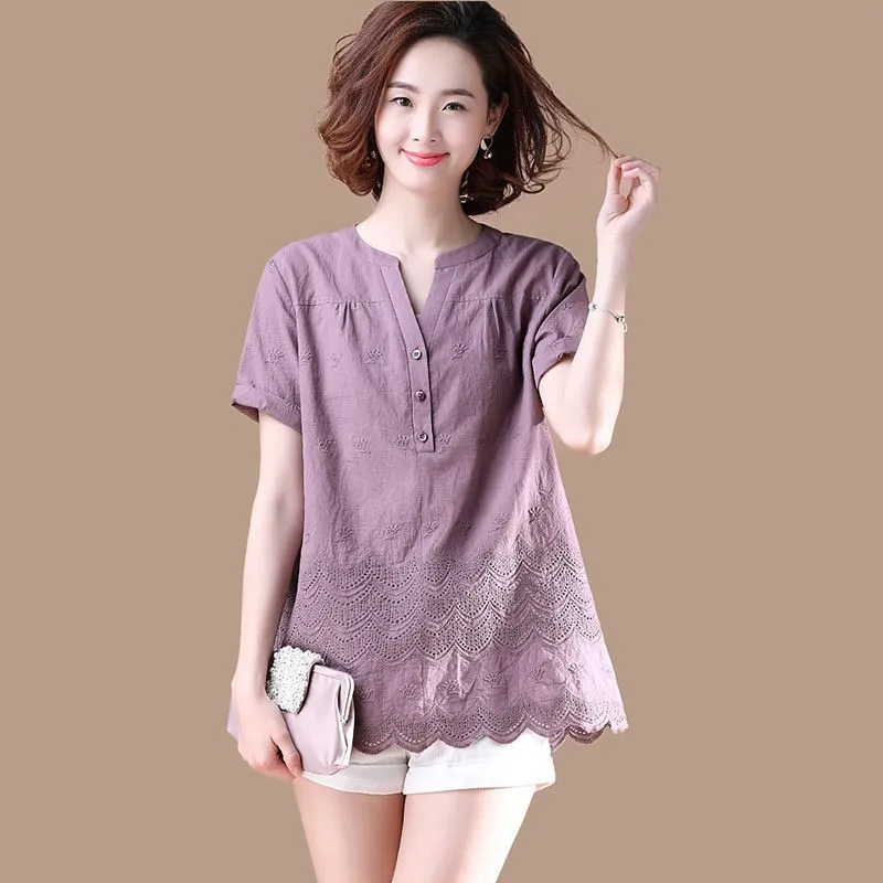 

High Quality 100% Cotton Shirt Women Summer Casual Tops New 2020 Korean Style Embroidery Woman Blouses Shirts Plus Size P1252