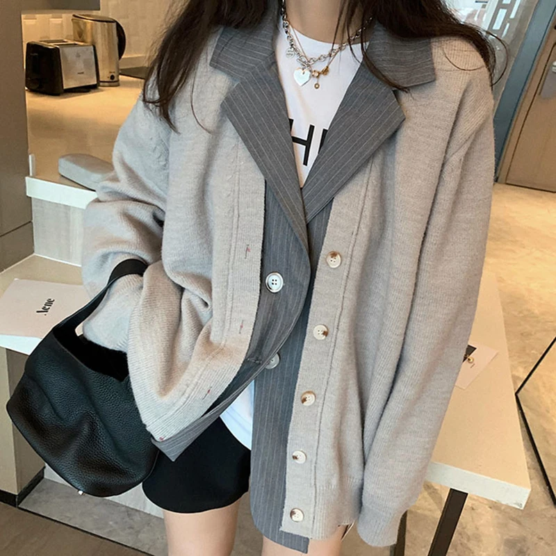 

Cardigan Women Sweater Fake Two Outwears suit collar Long Sleeve Spliced Fashion Coat Autumn Winter Knitted Black Top