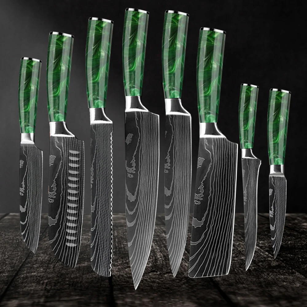 

Chef knife 2/4/6/810 Pcs Set Kitchen Knives Laser Damascus Pattern Sharp Japanese Santoku Knife Cleaver Slicing Utility Knife