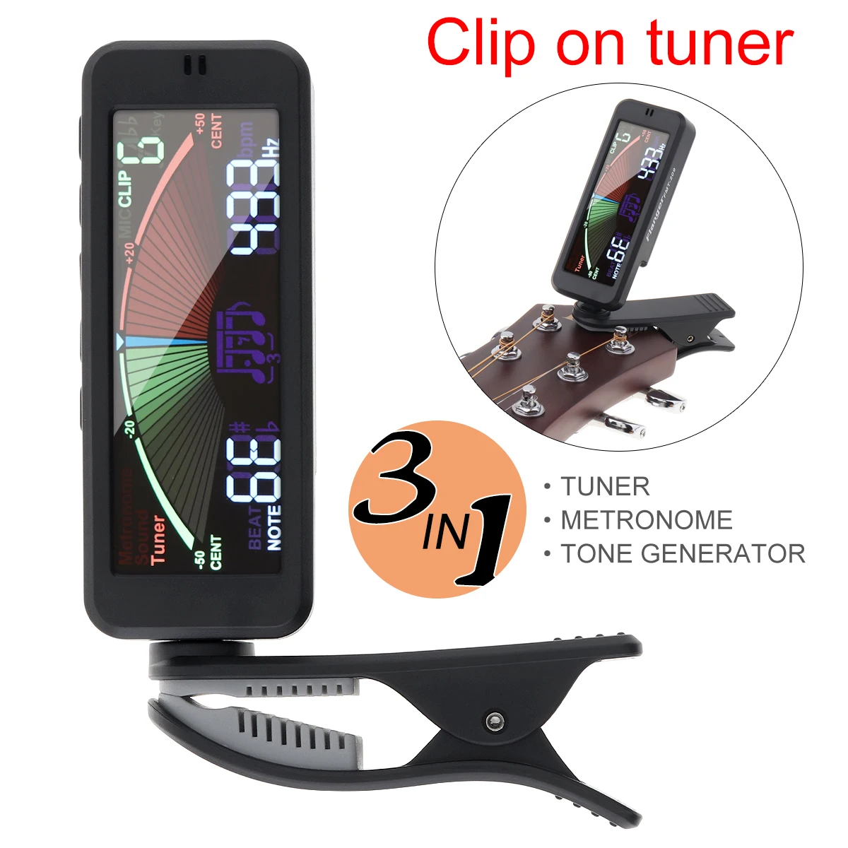 

3 IN 1 Guitar Tuner Large LCD Screen Metronome Generator with Clip for Chromatic Guitars Bass Ukulele Violin