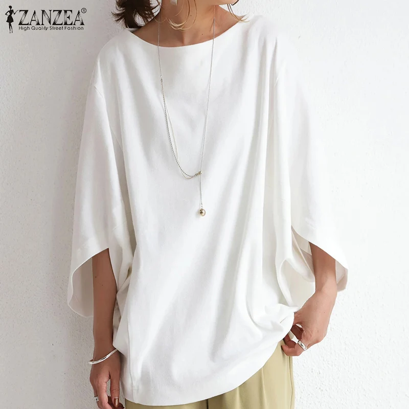 

ZANZEA Women's Summer Blouses Stylish Baggy Tops Oversized Top Casual 3/4 Sleeve Knitted Blusas 2021 Female O Neck Tunic Chemise