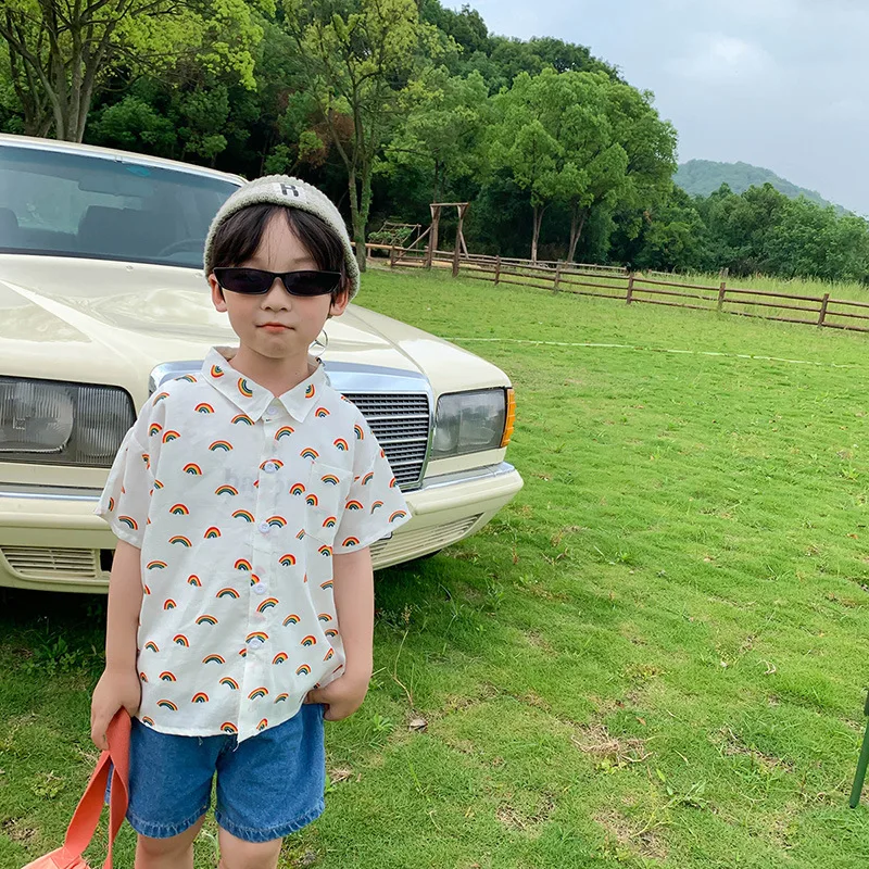 

2021 Summer Fashion Korean Boy Girl Short Sleeve Shirts Children Kids Casual Cotton Tops Tee Toddler Child Rainbow Print Blouse