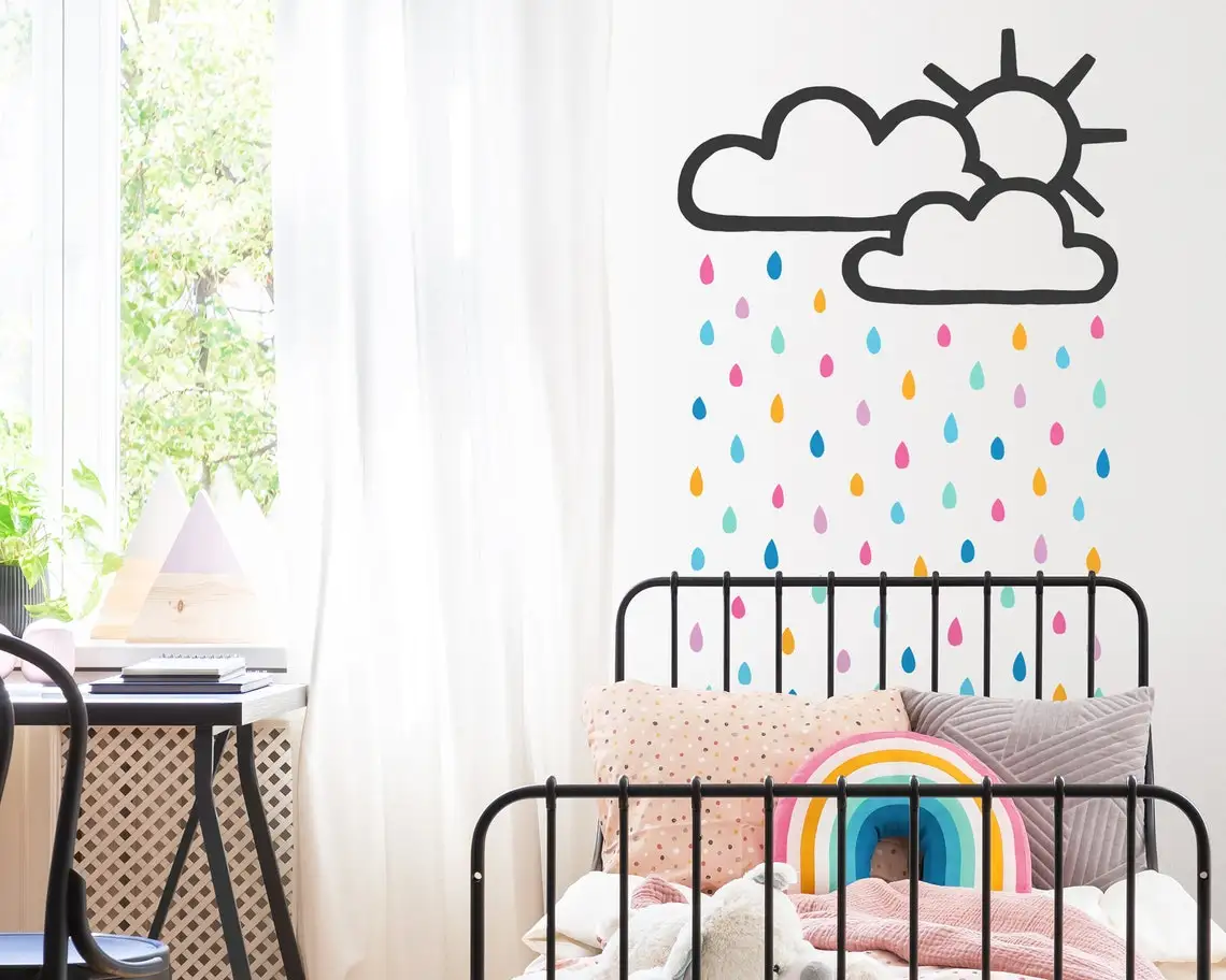 

Sun and Rain Cloud Decal Raindrop Wall Decals Kids Room Decor Nursery Girls Boys Bedroom Wall Stickers Removable DIY P942