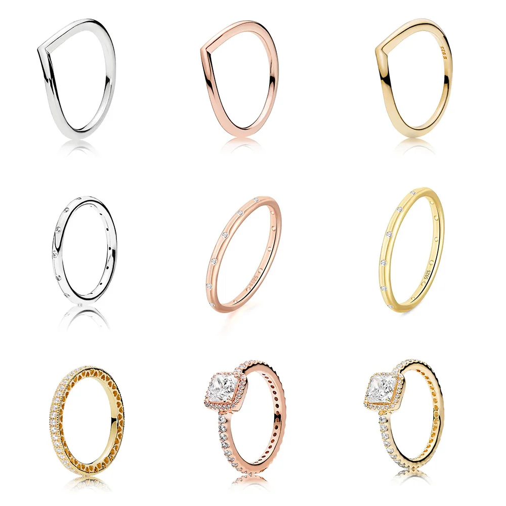 

925 Sterling Silver Ring Charms Rose Gold Heart Round Crystal Square Cz Finger Ring For Women Party Jewelry