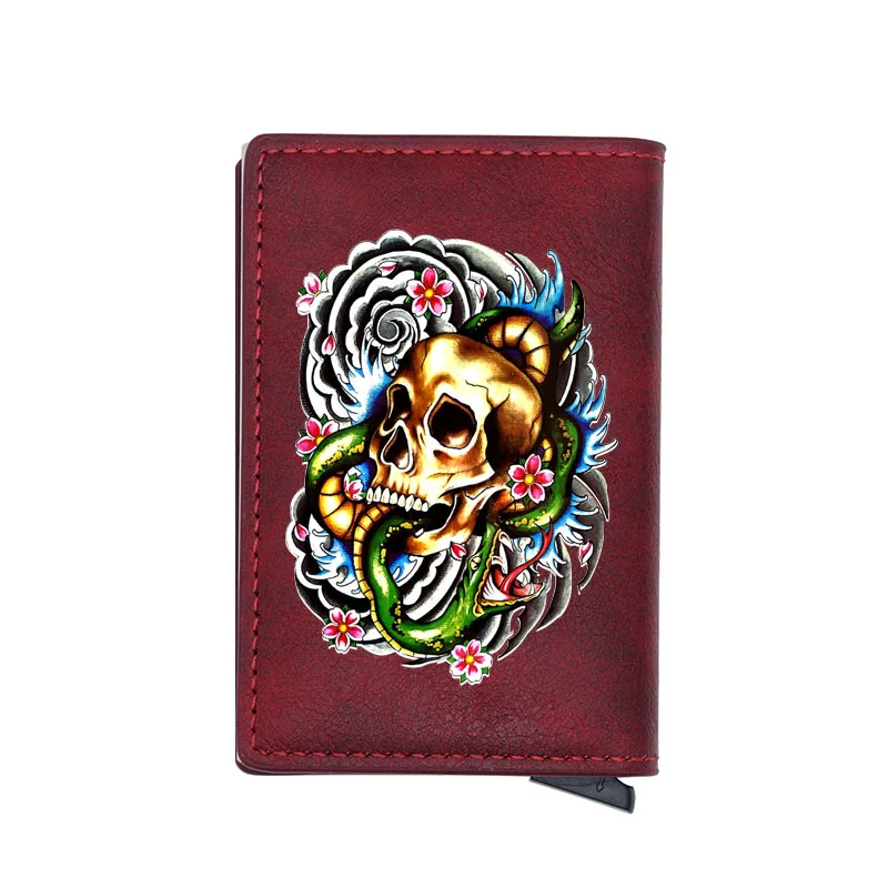 

Vintage Skull Snake Brown Digital Printing Leather Mini Card Holder Wallet Classic Men Women Small Money Bag Gift