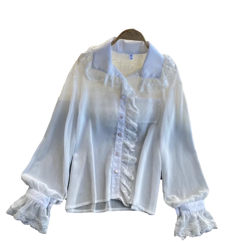 

Spring Fashion Temperament Chiffon Lantern Sleeve Lapel Blouse Female Lace Stitching Slim Blusa All-match Thin Shirt C424