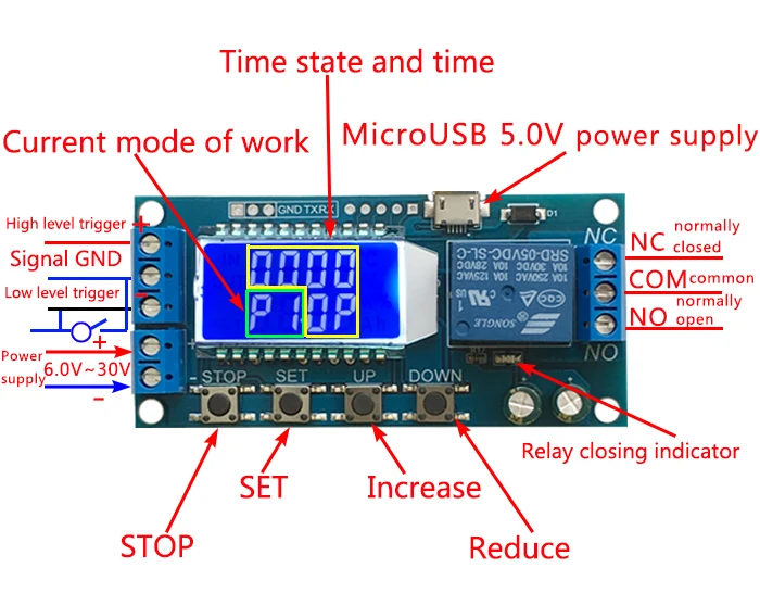 6-30 в Micro USB цифровой ЖК-дисплей релейный модуль задержки времени управление