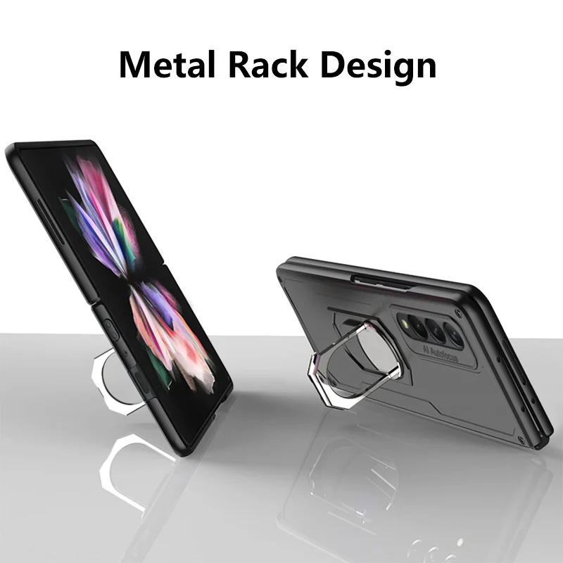 Manly Armor Fold Stand Ring Holder Case For Samsung Galaxy Z Fold 3 5G Phone Cover PC Hard Solid Color Shockproof Fitted Fundas