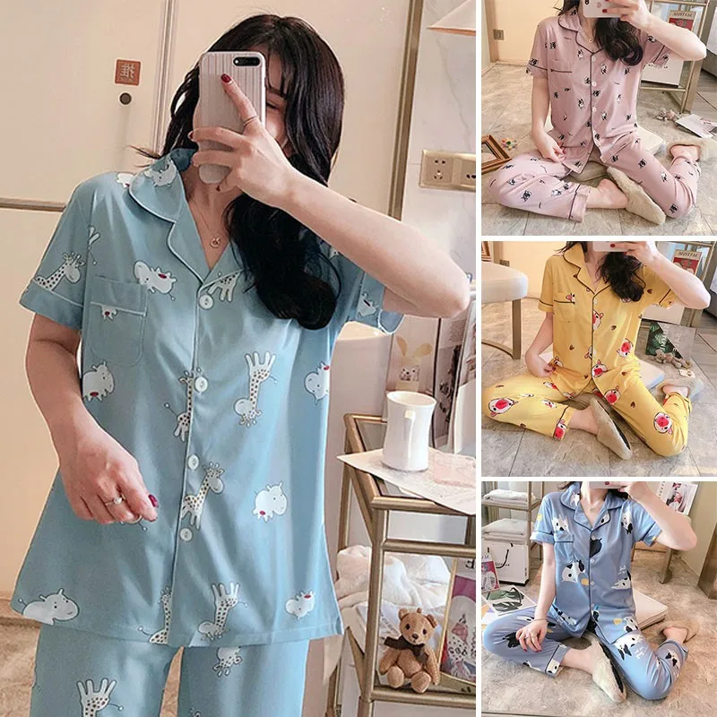 

2 Pcs Pajamas Suits For Women Summer New Short Sleeve Lapel Top Pants Home Wear Set Ladies Prints Sleepwear
