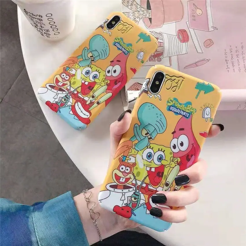 Тонкий жесткий чехол для телефона iPhone XR XS MAX 6s 7 8 Plus милый счастливый SpongeBob квадрат