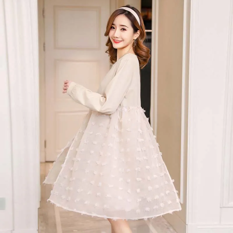 Приталенные платья с высокой талией Одежда для беременных женщин газовое платье