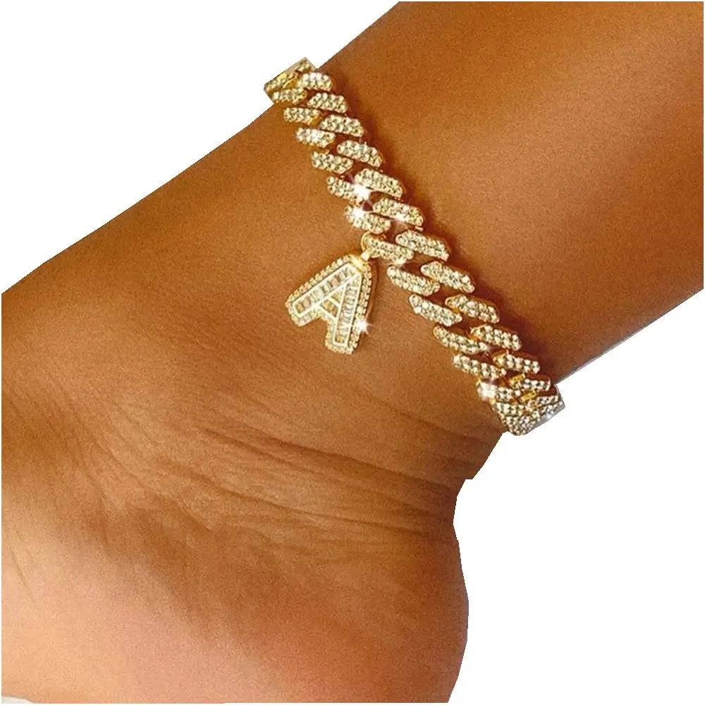 

2021New DIY Gold Layered Initial Cuban Link Chain Iced Out Anklets for Women Cuban Anklet Ankle Bracelet Stainless Steel Jewelry