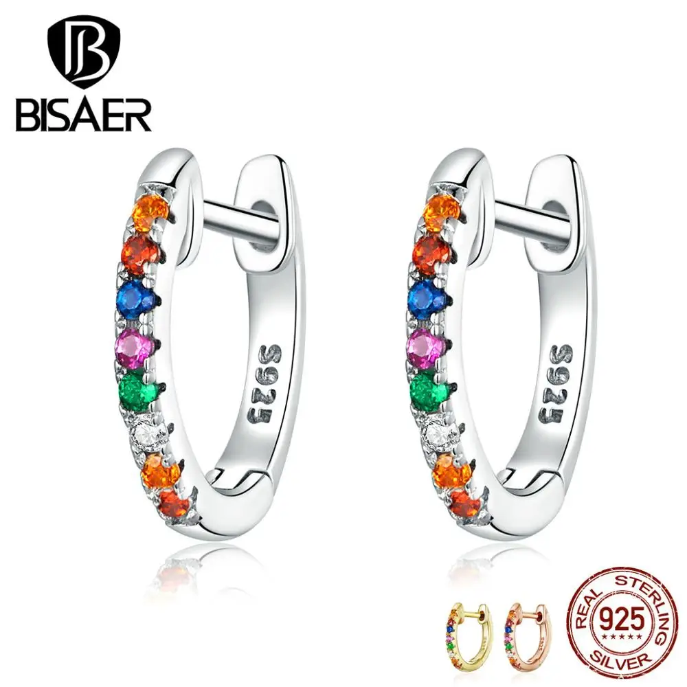 Серьги-гвоздики BISAER Лидер продаж 925 пробы серебряные круглые женские серьги цветной, с кубическим цирконом CZ серебряные ювелирные изделия ECE721