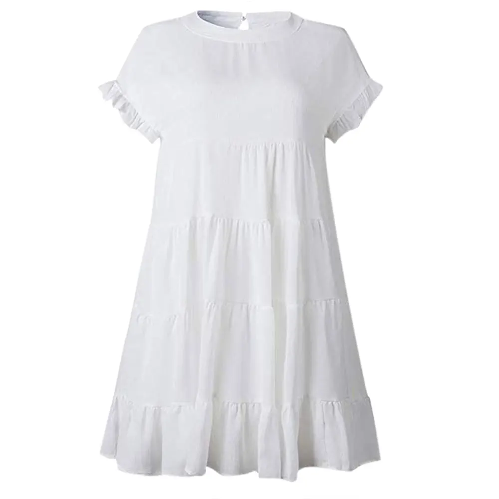 

Elegantes Womens Summer Short Sleeve Ruffle Sleeve Solid Color Loose Dress Swing O-Neck Casual Short Mini Dresses