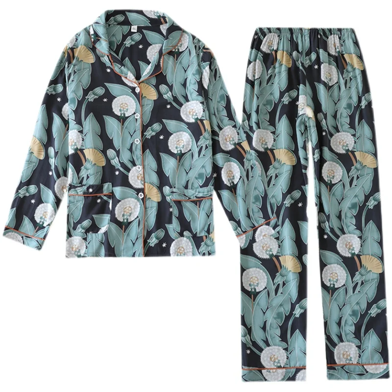 

Poplin Pajamas Women Long Sleeve Spring and Autumn Thin Two-Piece Suit Sweet Bourette Artificial Cotton Cloth Tracksuit Summer