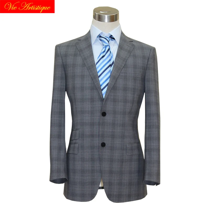 

custom tailor made Men's bespoke suit jacket pant business formal wedding ware coat grey whales plaid wool slim fit free ship