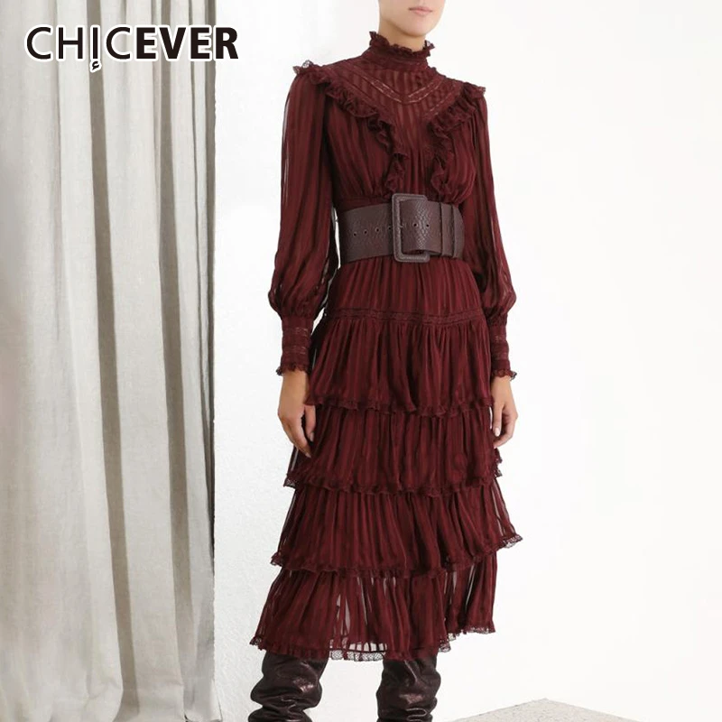 CHICEVER, винтажное лоскутное женское платье с оборками, стоячий воротник, рукав-фонарик, высокая талия, повседневные платья для женщин,, модная новинка