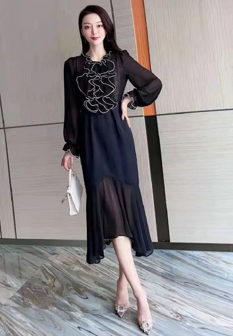 

Chiffon High Quality Dress 2021 Spring Summer Style European Women Ruffle Deco Long Sleeve Sexy Midi Red Black Dress Club Wear