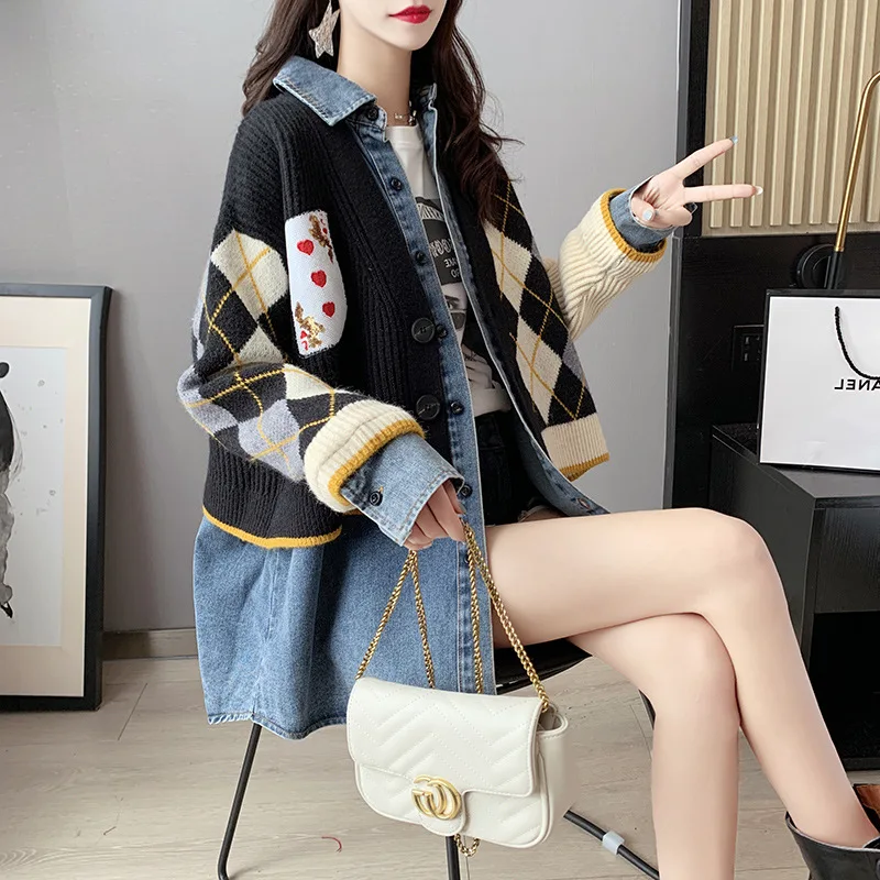

SuperAen Knitted Patchwork Fake Two-piece Denim Jacket Women's Medium Length Loose Spring Autumn 2021 New BF Cardigan