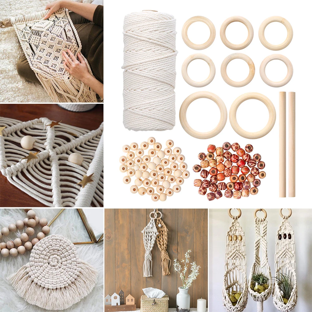 

Wooden Craft Macrame Cord Natural Cotton Yarn With Wood Stick Rings Beads for DIY Craft Hand Knitting Macrame Kit Wall Decor