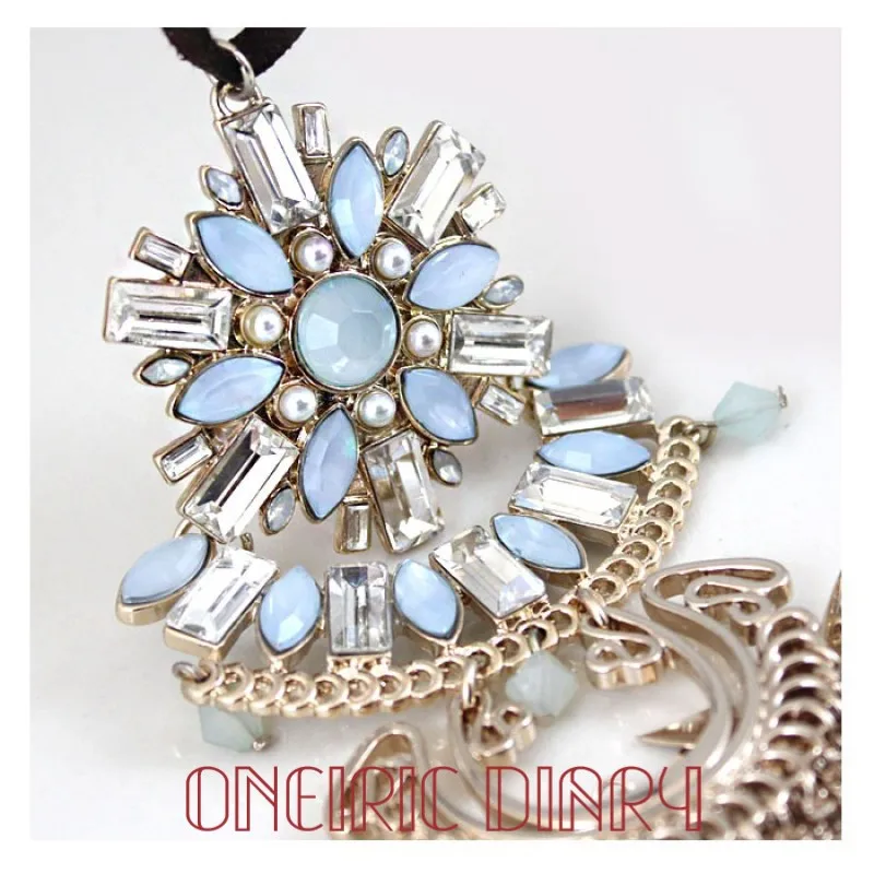 ONEIRIC Элегантное ожерелье с кисточкой голубым цветком и золотом Длинная кожаная